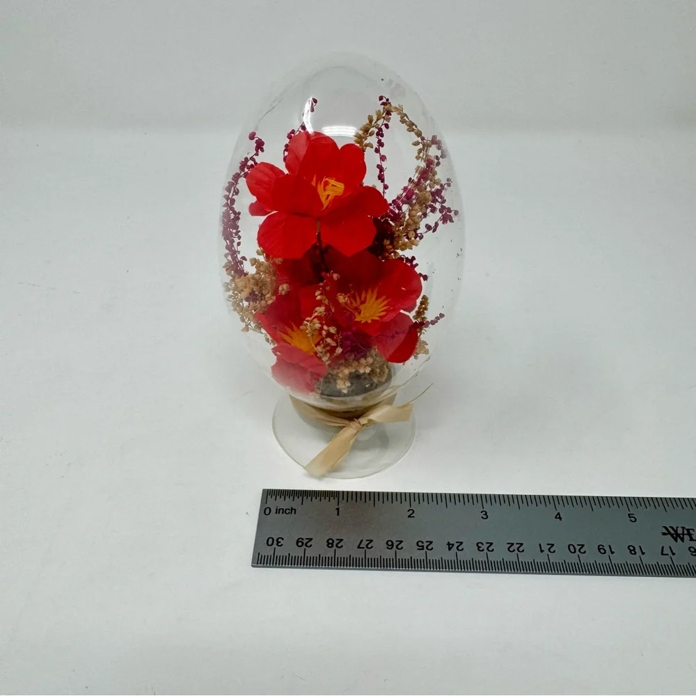 Vintage 1970s Floral Glass Egg Diorama Red Boho Hibiscus Flowers